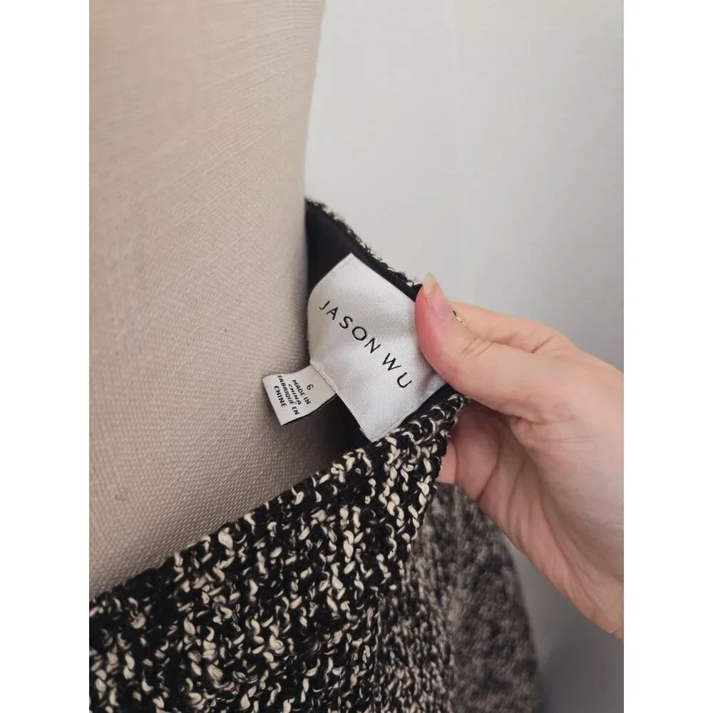 Jason Wu Tweed Cotton Blend Black White Full A-line Midi Knit Fringe Skirt 6 S - Picture 9 of 10